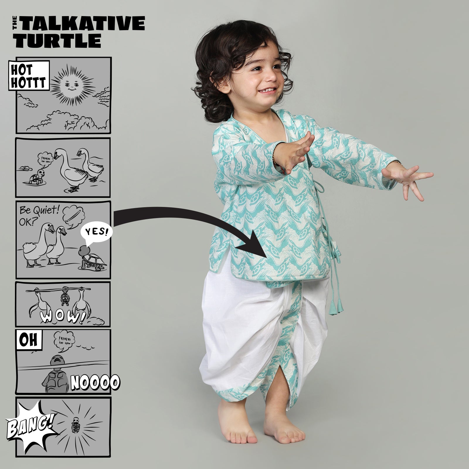 Cotton Angarakha & Dhoti Set For Boys with The Talkative Turtle Print
