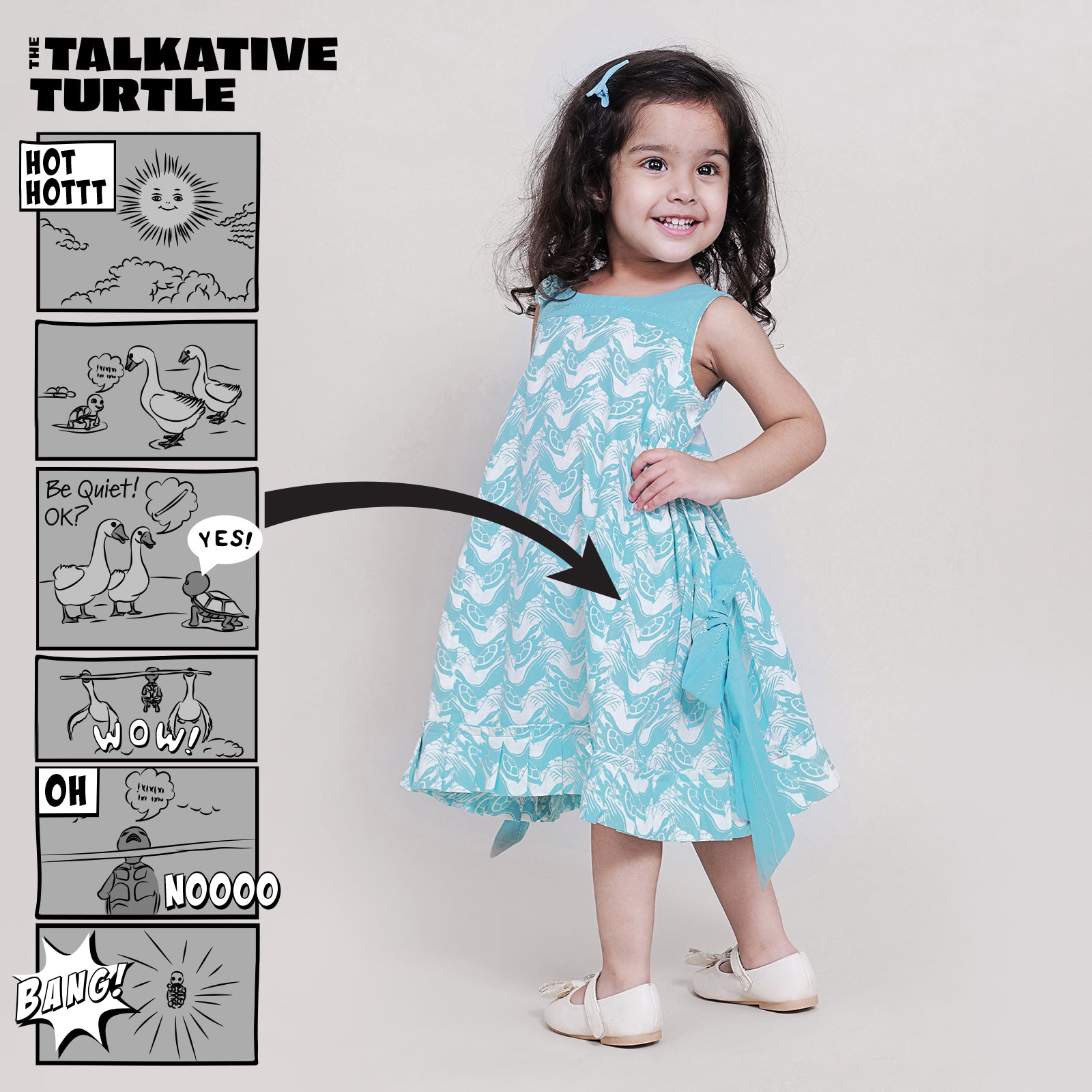 Cotton Side Bow & Gathered Dress For Girls with The Talkative Turtle Print