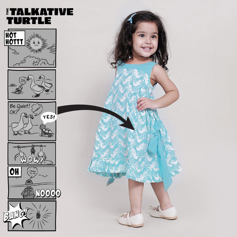 Cotton Side Bow & Gathered Dress For Girls with The Talkative Turtle Print