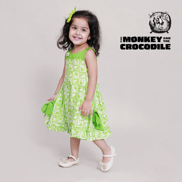 Cotton Side Bow & Gathered dress For Girls with The Monkey & The Crocodile Print