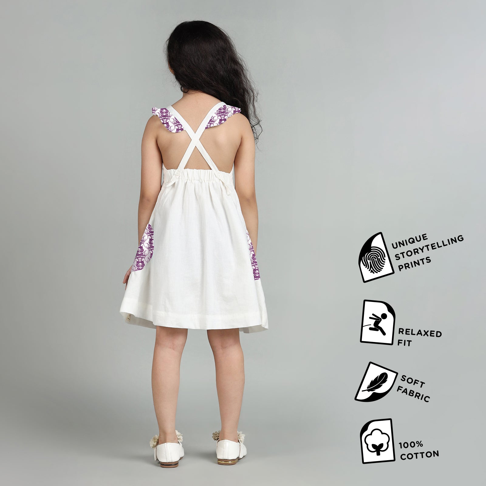 Cotton White Crisscross Back Frock For Girls with Two Foolish Cats & The Clever Monkey Print