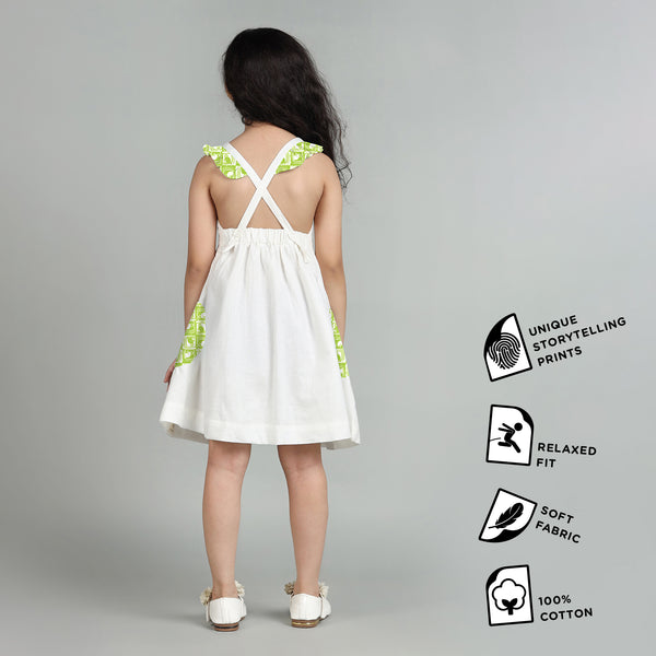 Cotton White Crisscross Back Frock For Girls with The Monkey & The Crocodile Print