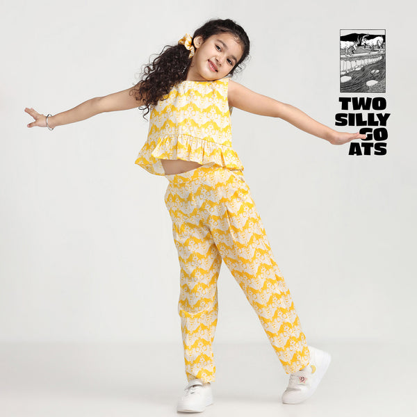 Cotton Crop Top & Pants For Girls with Two Silly Goats Print