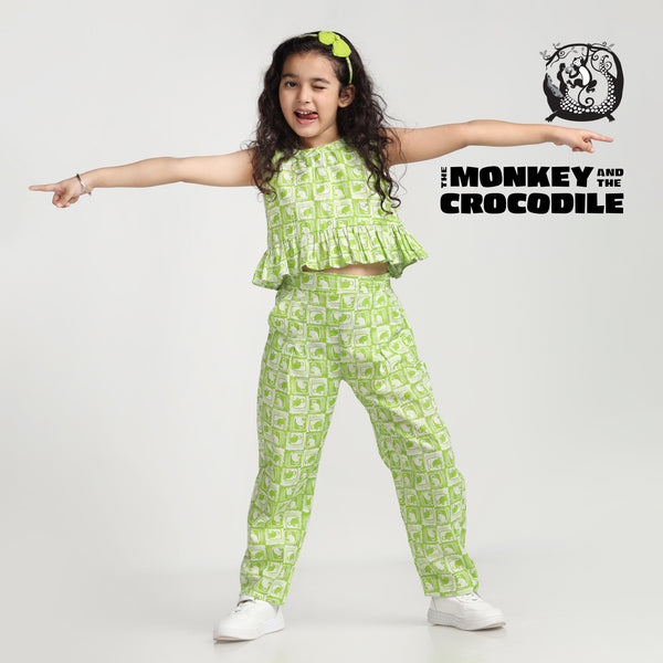 Cotton Crop Top & Pants For Girls with The Monkey & The Crocodile Print