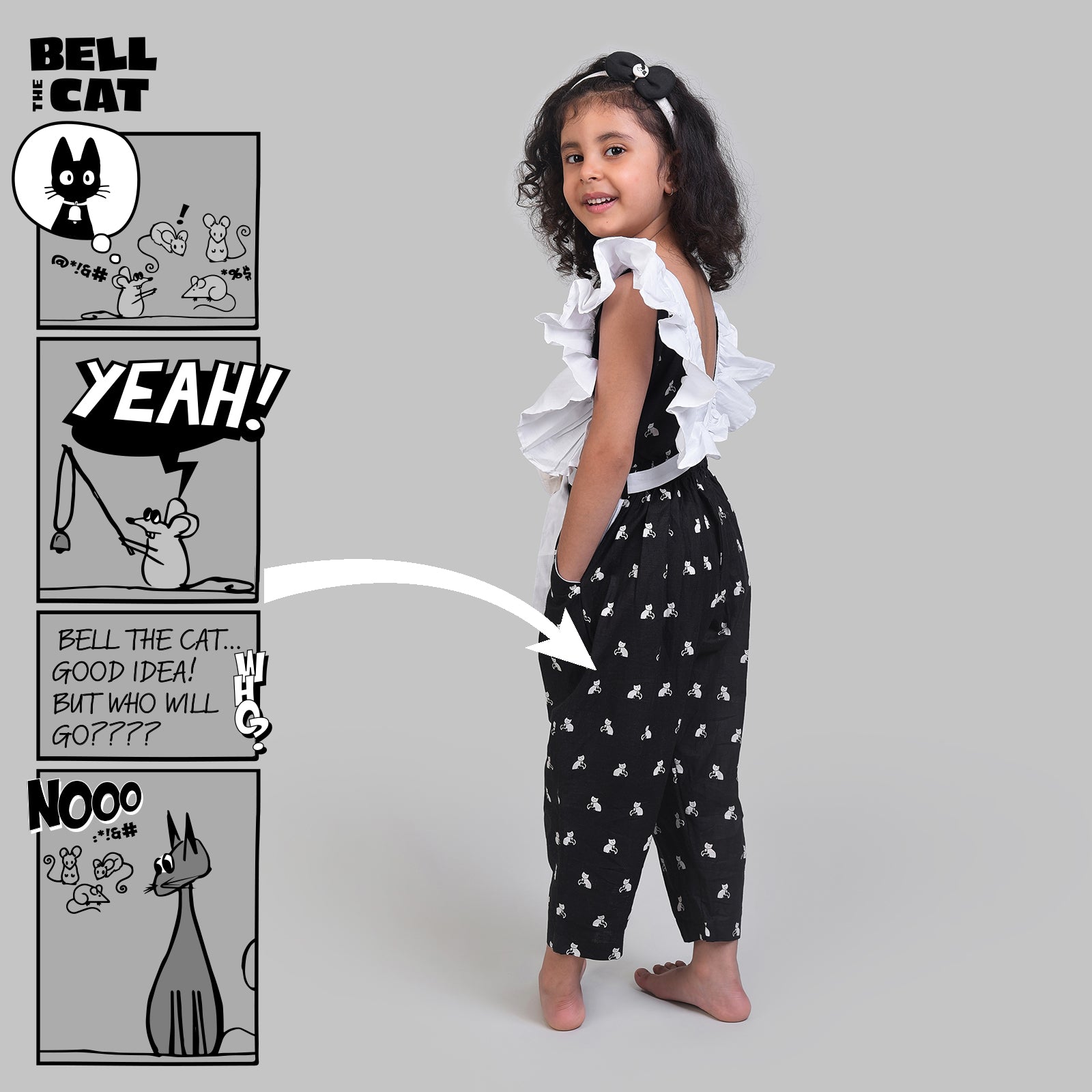 Cotton Jumpsuit For Girls with Bell The Cat Print