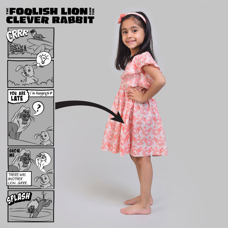 Cotton Flutter Sleeve Frock For Girls with The Foolish Lion & The Clever Rabbit Print