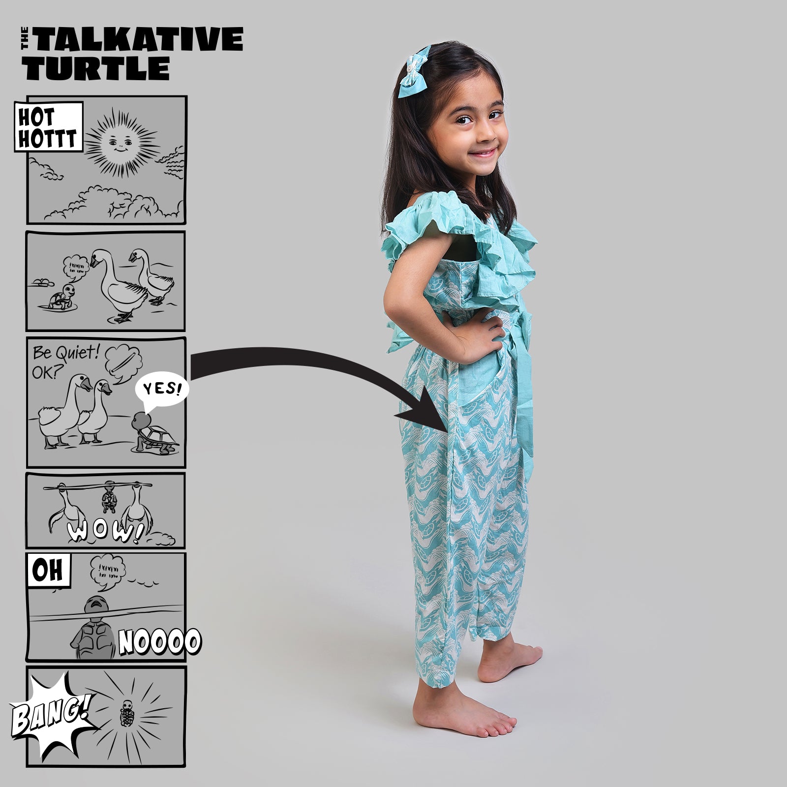 Cotton Jumpsuit For Girls with The Talkative Turtle Print