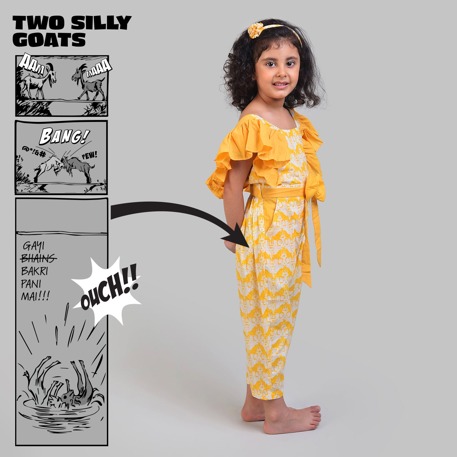 Cotton Jumpsuit For Girls with Two Silly Goats Print