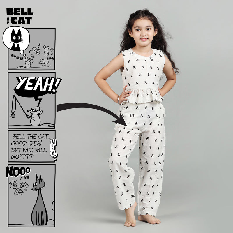 Cotton Crop Top & Pants For Girls with Bell The Cat Print