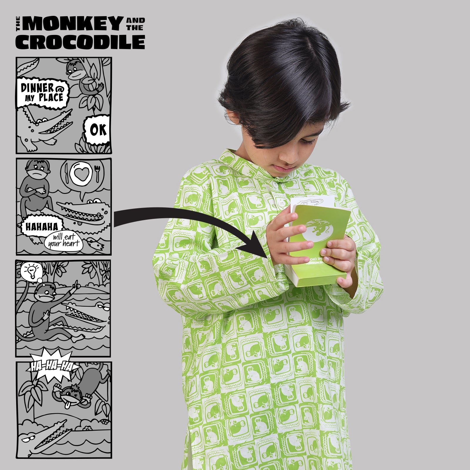 Collar Full Sleeved Cotton Kurta & Pajama Set For Boys with The Monkey & The Crocodile Print