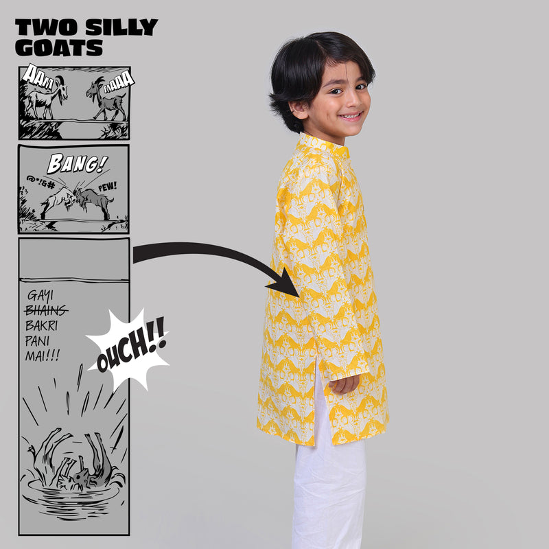 Collar Full Sleeved Cotton Kurta & Pajama Set For Boys with Two Silly Goats Print
