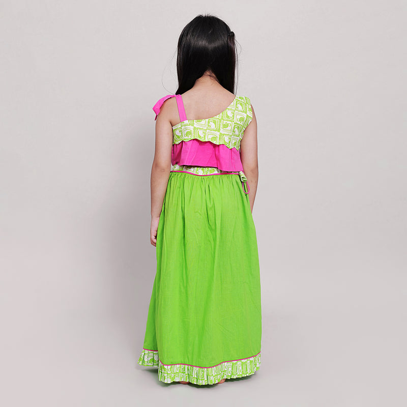 Cotton One Shoulder Crop Top with Lehenga For Girls with The Monkey & The Crocodile Print