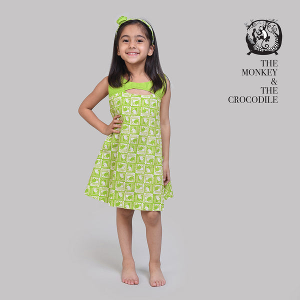 Cotton Peek-A-Boo A line Frock For Girls with The Monkey & The Crocodile Print