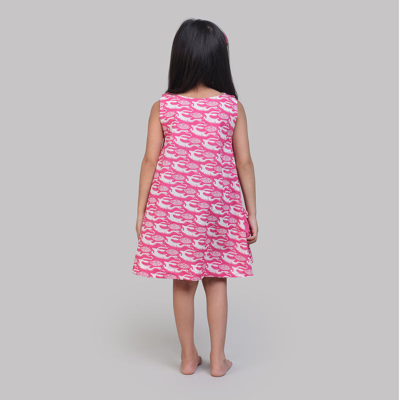 Cotton Peek-A-Boo A line Frock For Girls with The Hare & The Tortoise Print