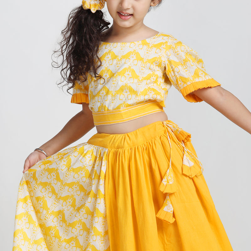 Cotton Half & Half Layered Lehenga with Stylish Blouse For Girls with Two Silly Goats Print