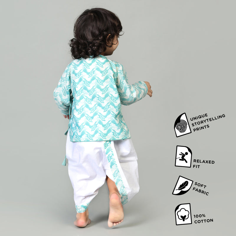 Cotton Angarakha & Dhoti Set For Boys with The Talkative Turtle Print