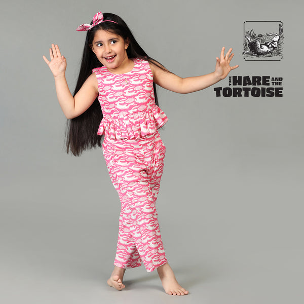 Cotton Crop Top & Pants For Girls with The Hare & The Tortoise Print