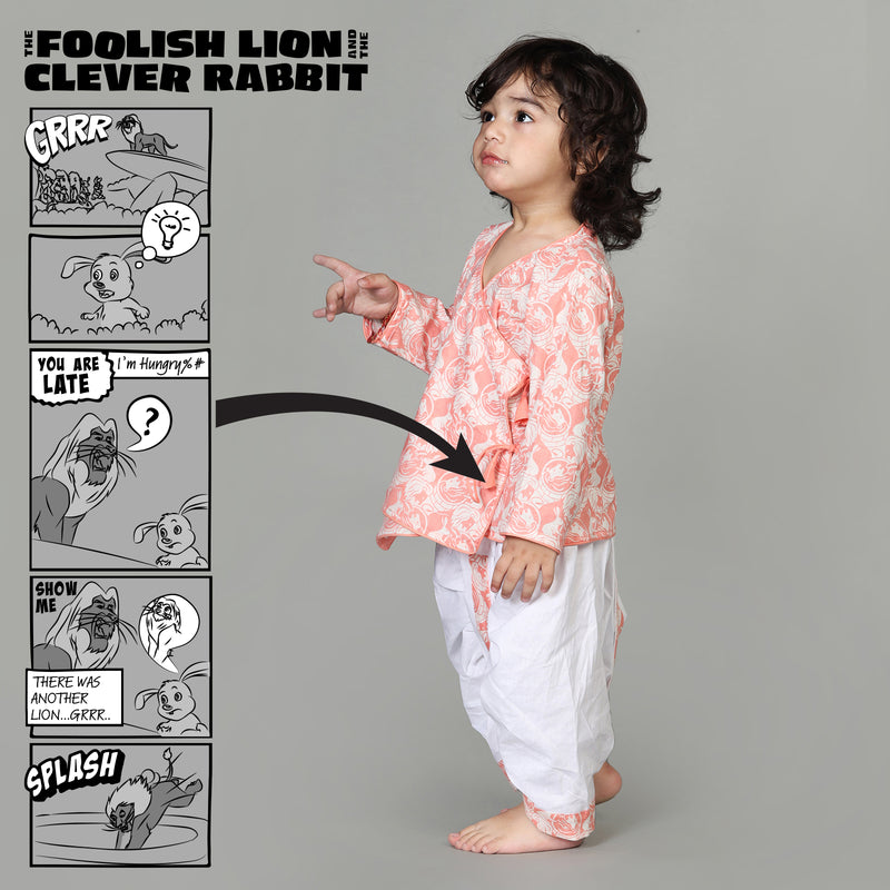 Cotton Angarakha & Dhoti Set For Boys with The Foolish Lion & The Clever Rabbit Print