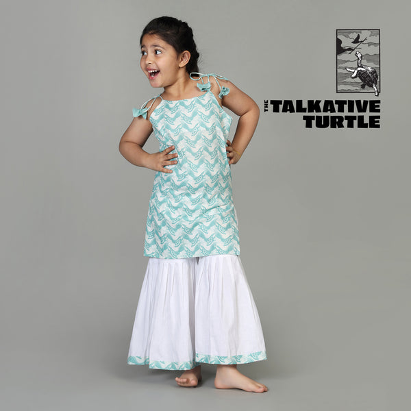 Cotton Kurta & Sharara Set For Girls with The Talkative Turtle Print