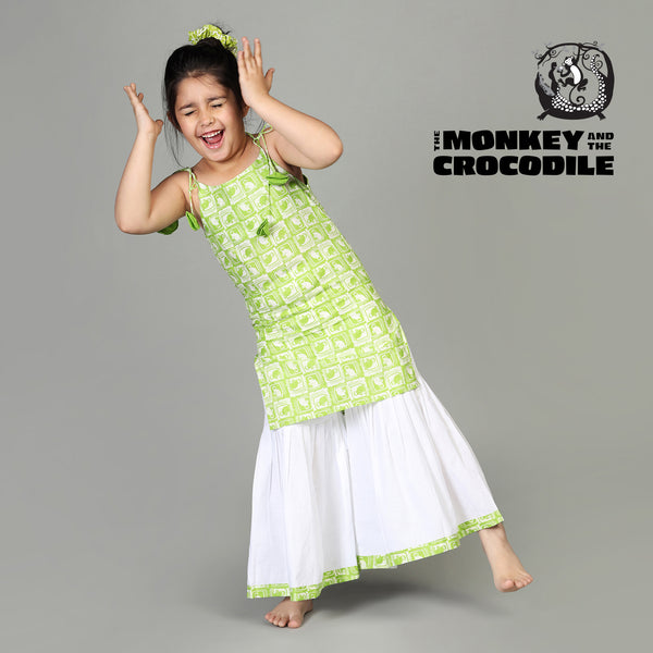 Cotton Kurta & Sharara Set For Girls with The Monkey & The Crocodile Print