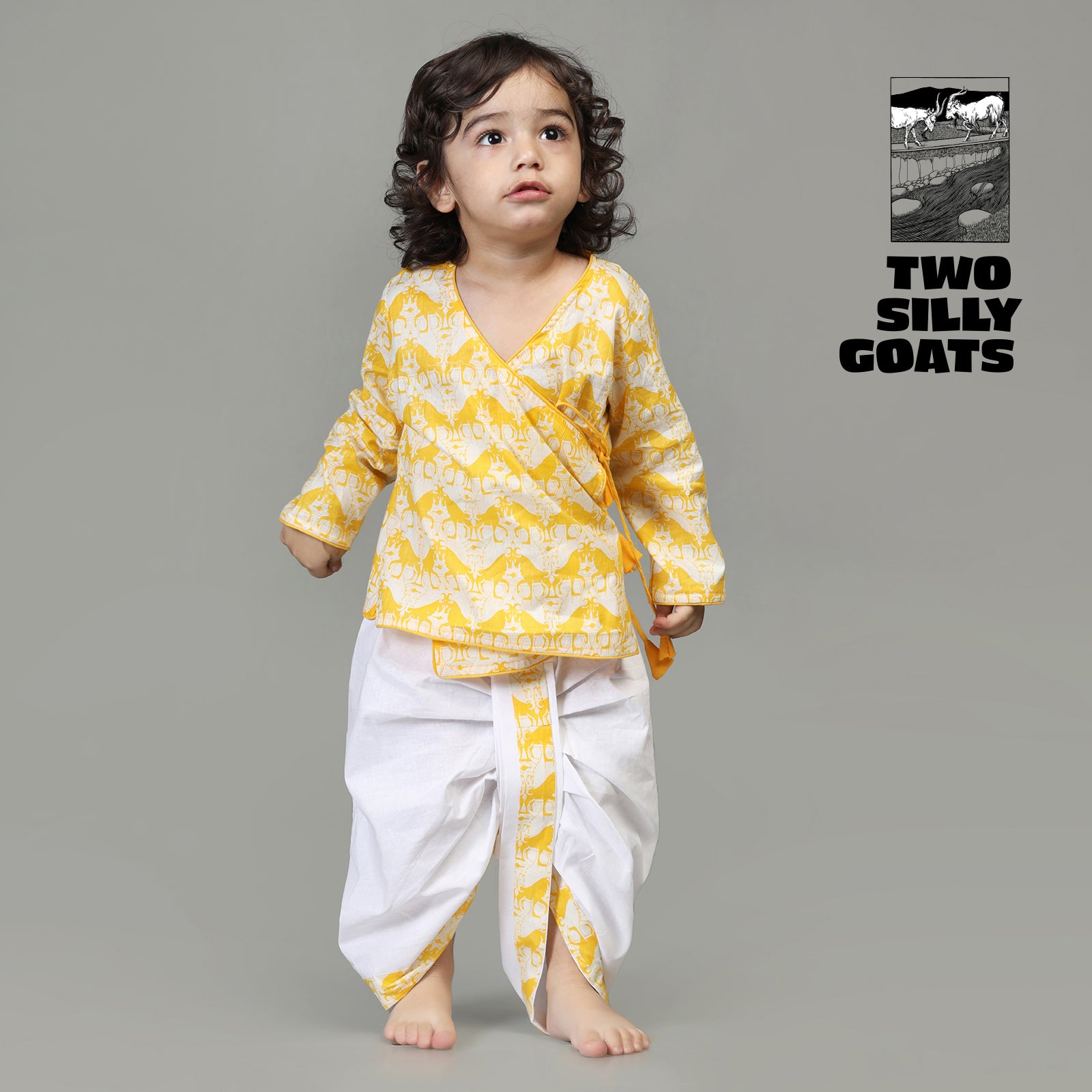 Cotton Angarakha & Dhoti Set For Boys with Two Silly Goats Print