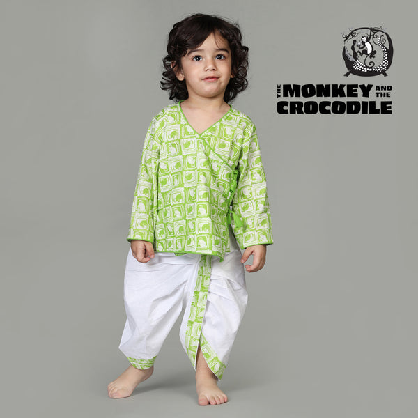Cotton Angarakha & Dhoti Set For Boys with The Monkey & The Crocodile print