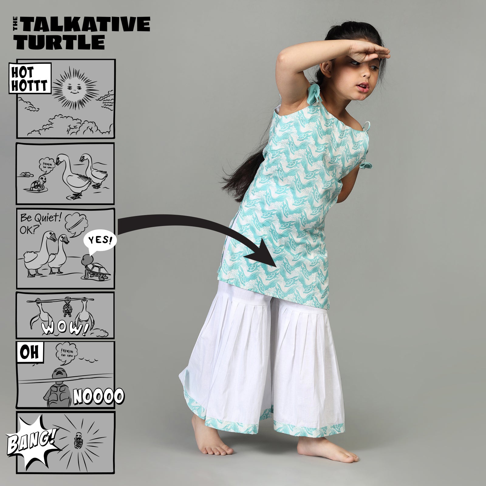 Cotton Kurta & Sharara Set For Girls with The Talkative Turtle Print