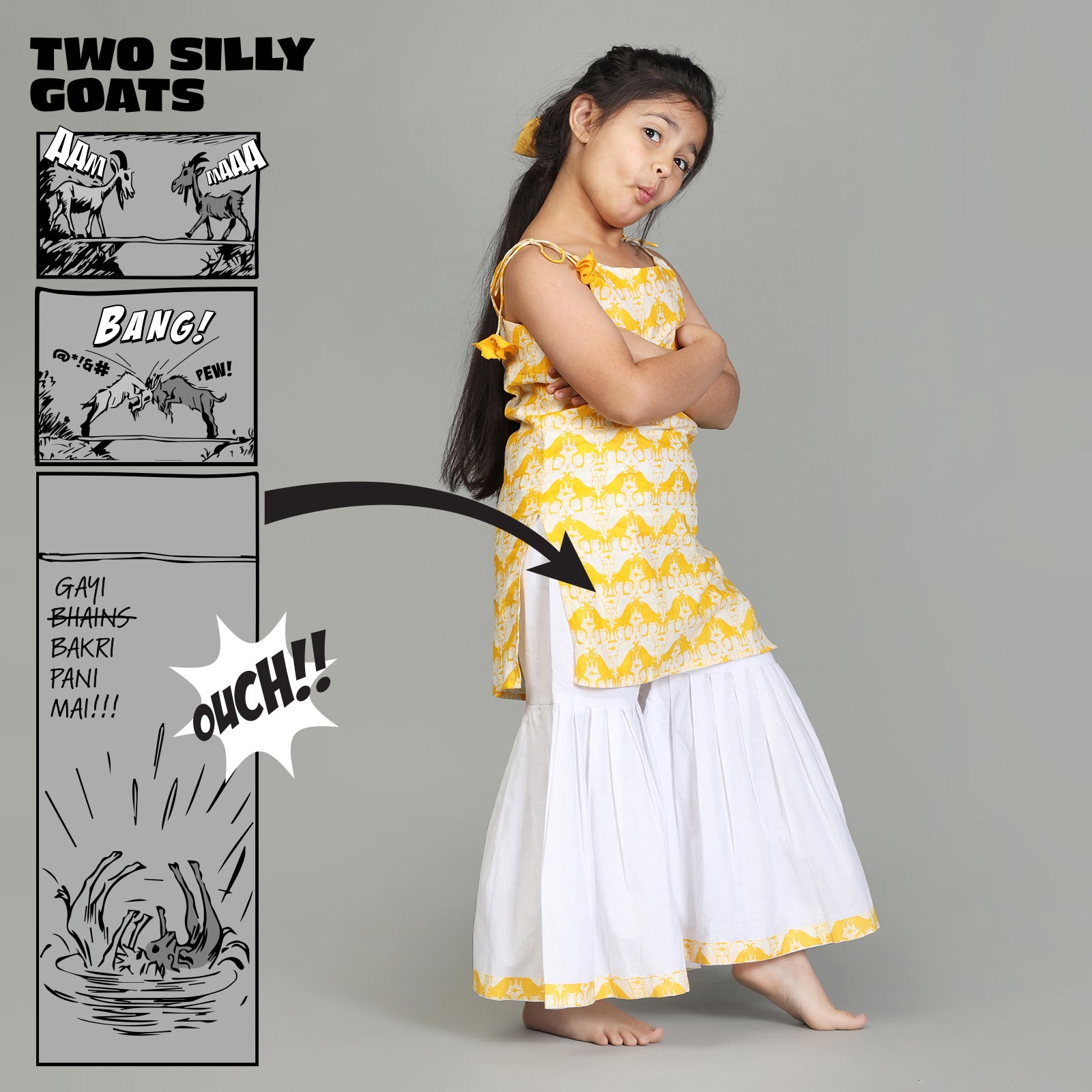 Cotton Kurta & Sharara Set For Girls with Two Silly Goats Print