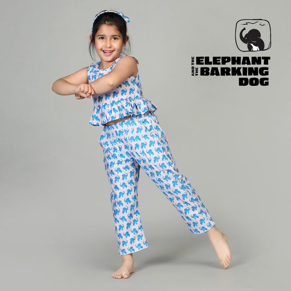 Cotton Crop Top & Pants For Girls with The Elephant & The Barking Dog Print