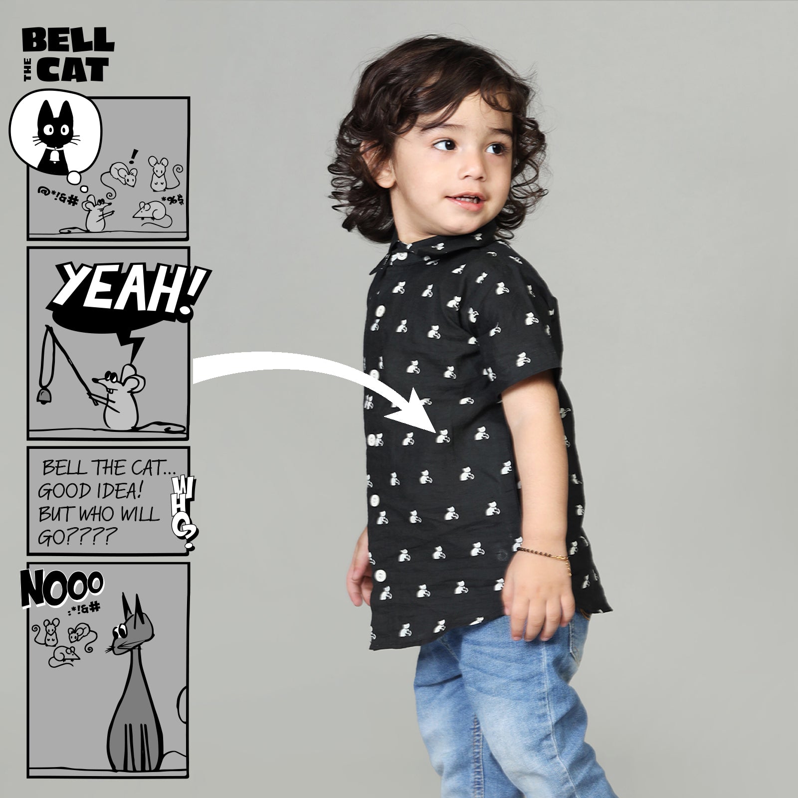 Cotton Casual Shirts For Boys with Bell The Cat Print