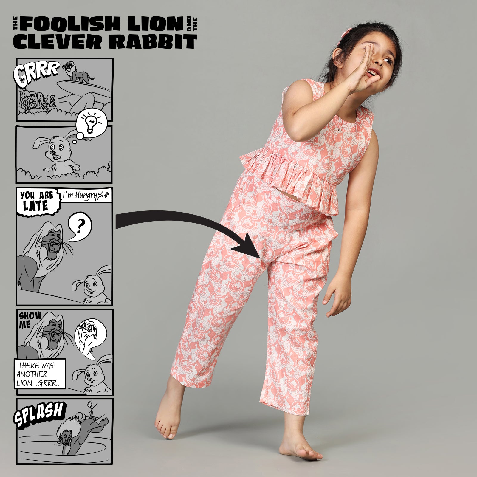 Cotton Crop Top & Pants For Girls with The Foolish Lion & The Clever Rabbit Print
