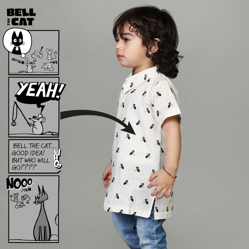 Cotton Casual Shirts For Boys with Bell The Cat Print