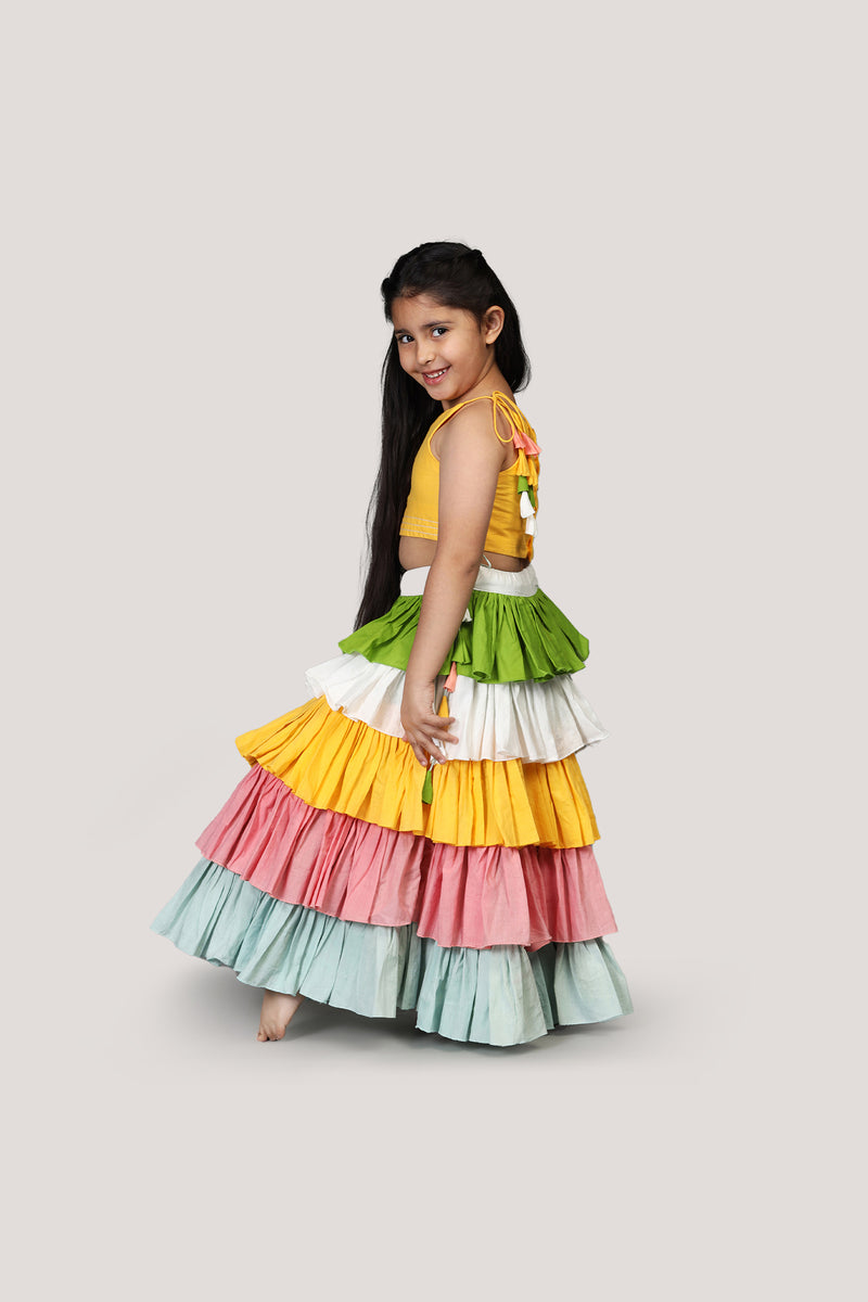 Cotton Multicolour Layered Lehenga