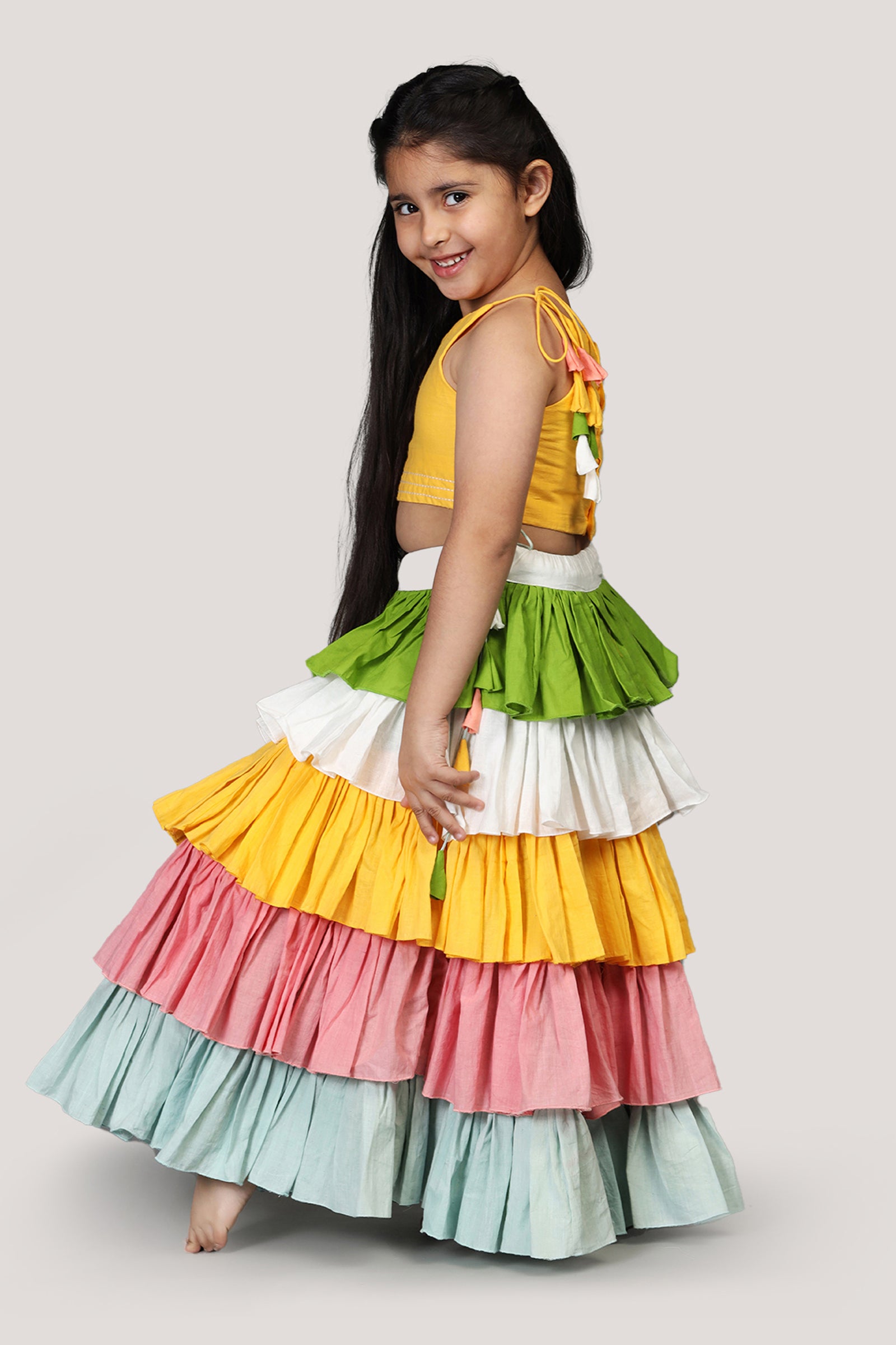 Cotton Multicolour Layered Lehenga