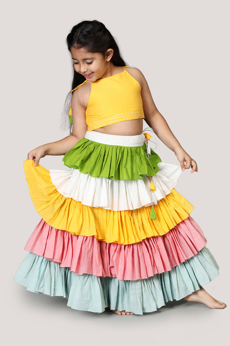 Cotton Multicolour Layered Lehenga