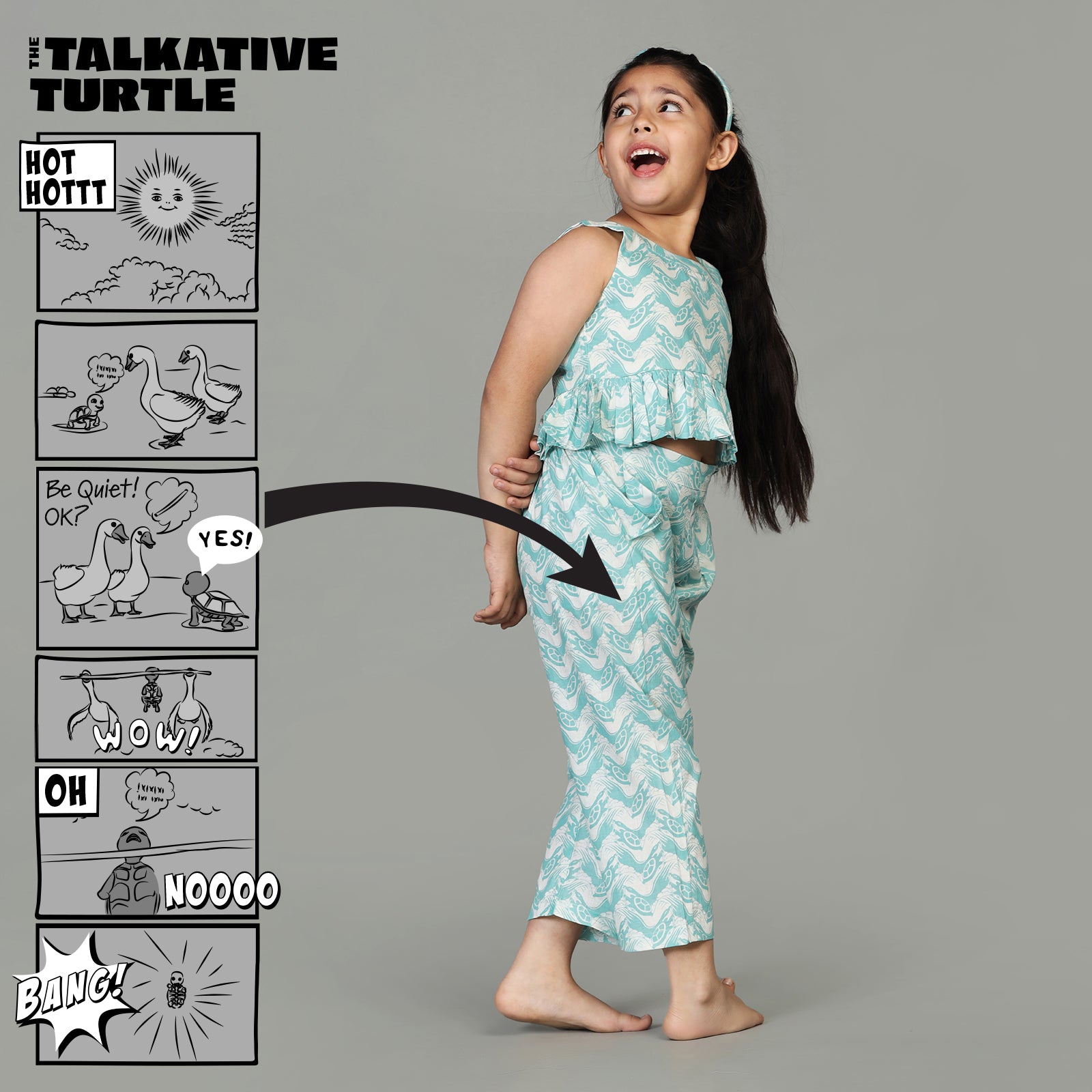 Cotton Crop Top & Pants For Girls with The Talkative Turtle Print