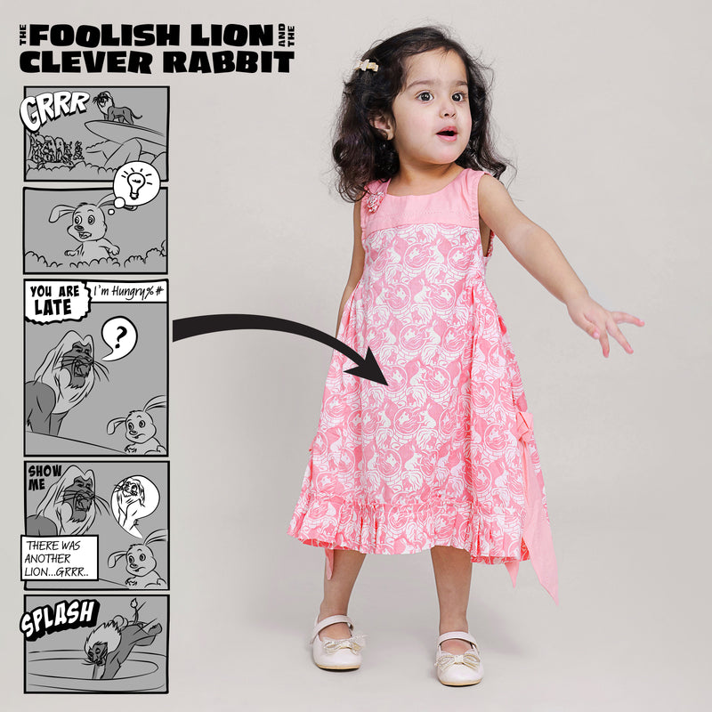 Cotton Side Bow & Gathered dress For Girls with The Foolish Lion & The Clever Rabbit Print