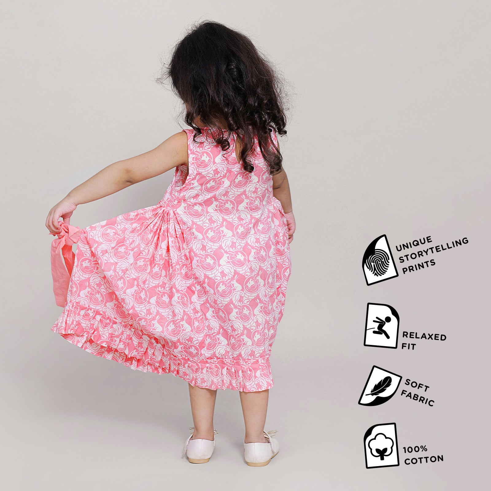 Cotton Side Bow & Gathered dress For Girls with The Foolish Lion & The Clever Rabbit Print