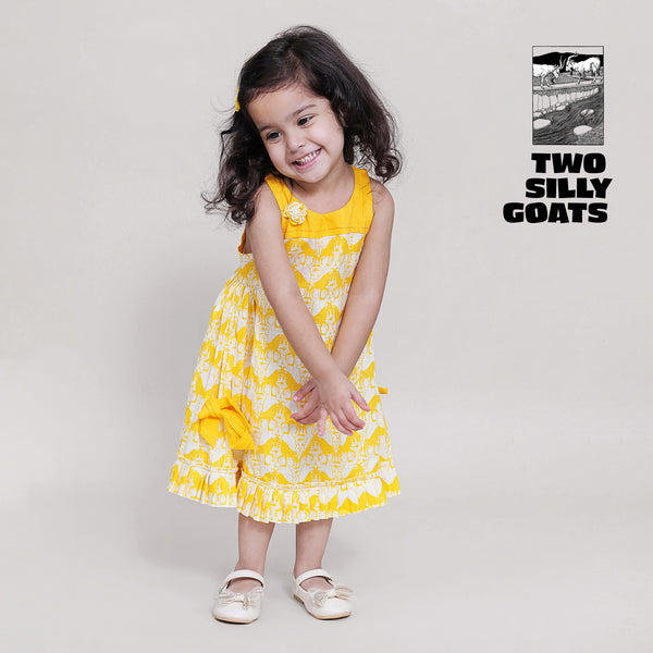 Cotton Side Bow & Gathered Dress For Girls with Two Silly Goats Print