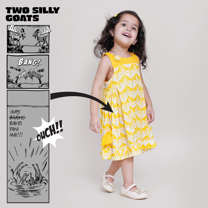 Cotton Side Bow & Gathered Dress For Girls with Two Silly Goats Print