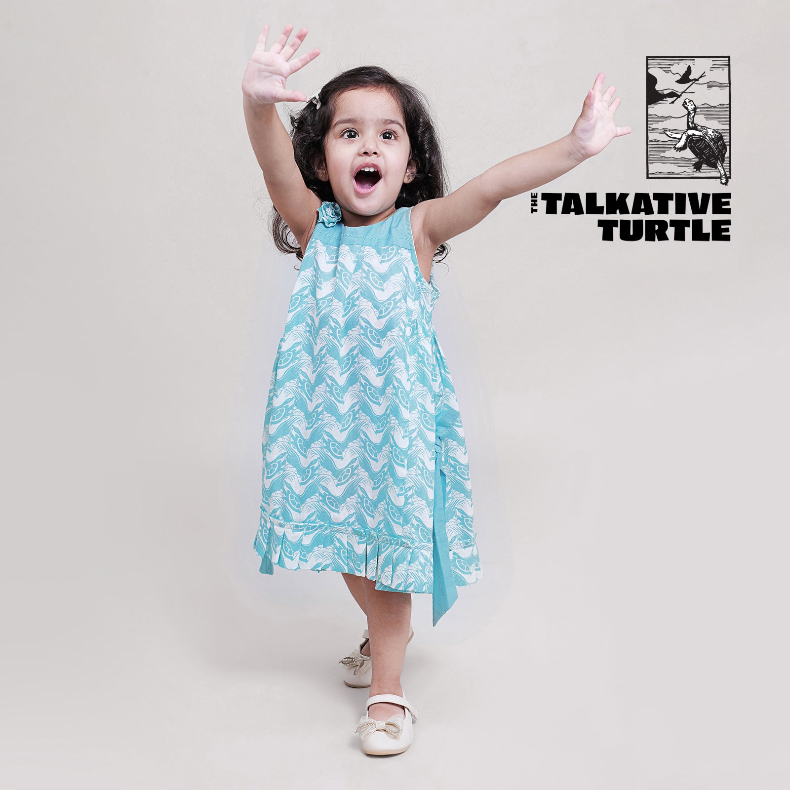 Cotton Side Bow & Gathered Dress For Girls with The Talkative Turtle Print