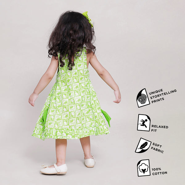 Cotton Side Bow & Gathered dress For Girls with The Monkey & The Crocodile Print