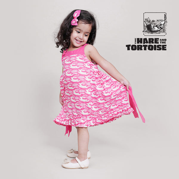 Cotton Side Bow & Gathered Dress For Girls with The Hare & The Tortoise Print