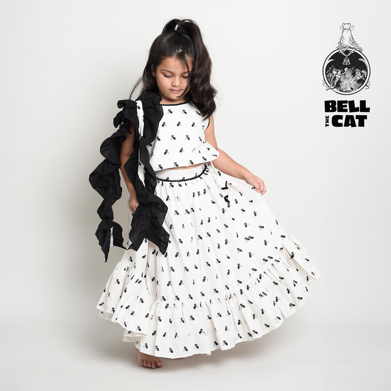 Story Print Lehenga Choli with frilled Dupatta for Girls with Bell the Cat Story White