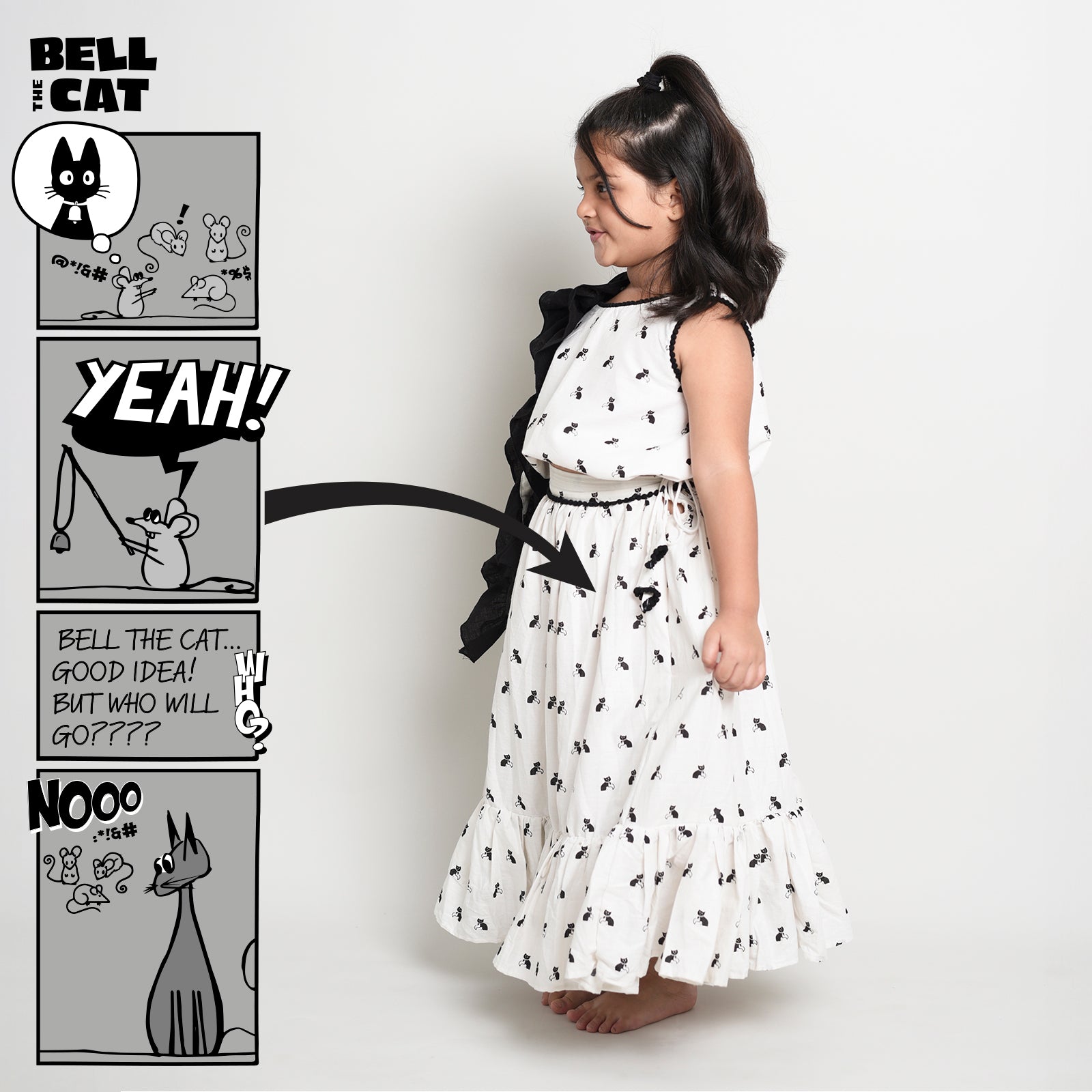 Story Print Lehenga Choli with frilled Dupatta for Girls with Bell the Cat Story White