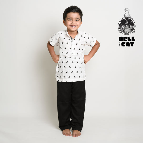 Cotton Printed Short Kurta For Boys With Bell The Cat Print White