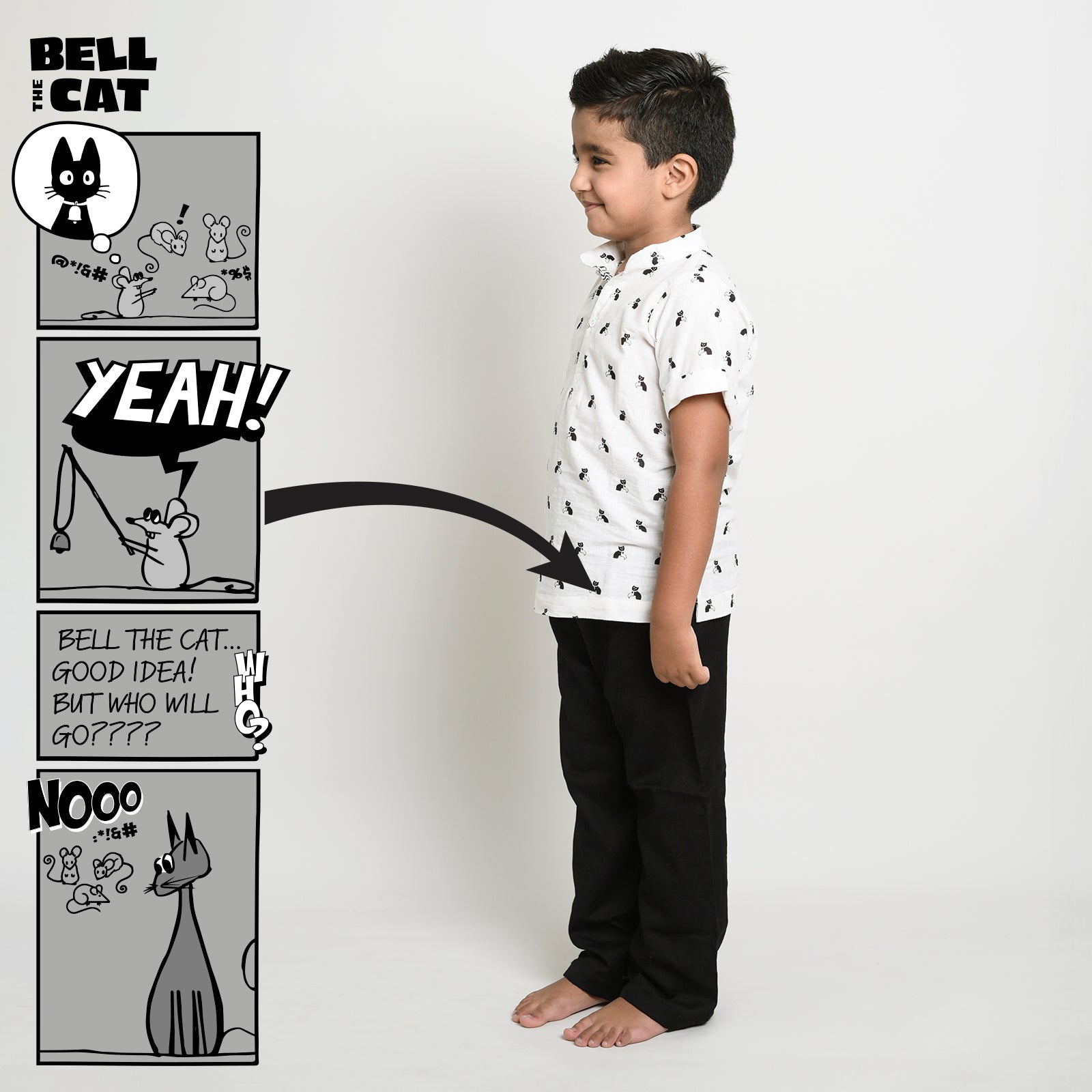 Cotton Printed Short Kurta For Boys With Bell The Cat Print White