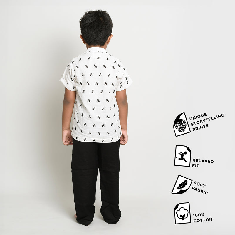 Cotton Printed Short Kurta For Boys With Bell The Cat Print White