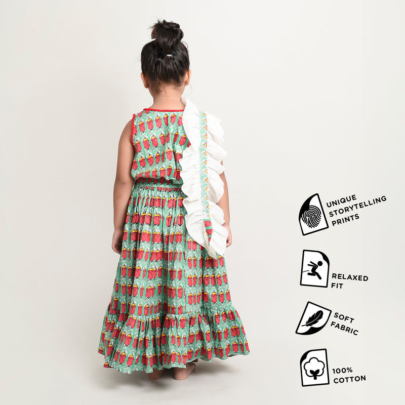 Story Print Lehenga Choli with frilled Dupatta for Girls with Proud Rose story