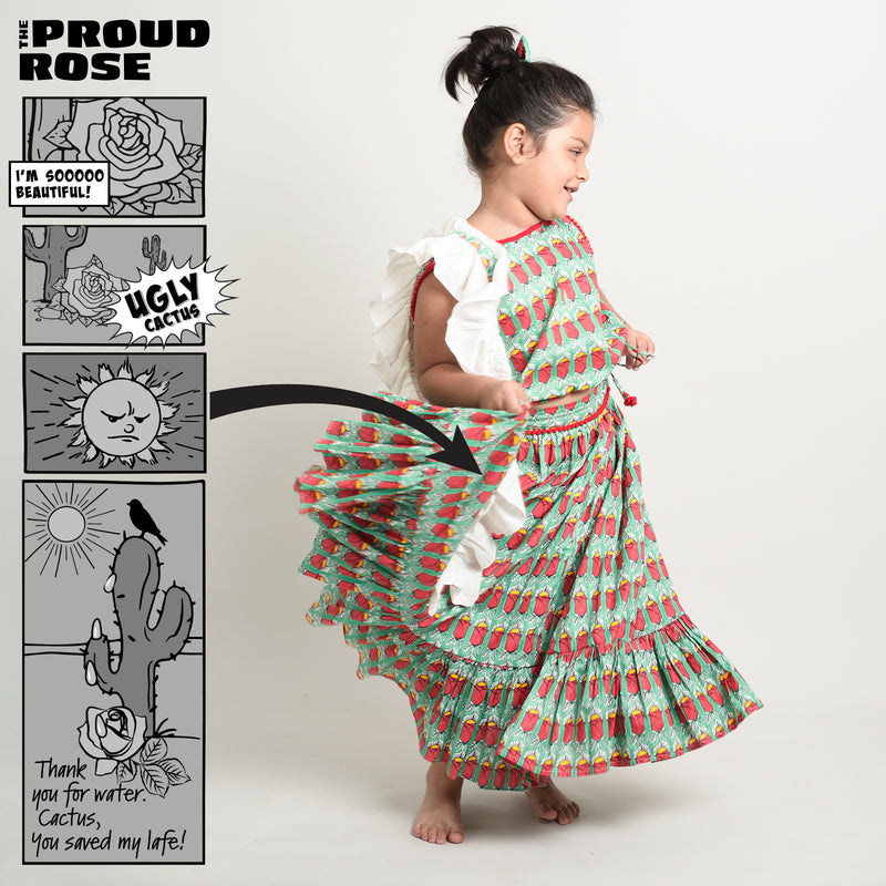 Story Print Lehenga Choli with frilled Dupatta for Girls with Proud Rose story